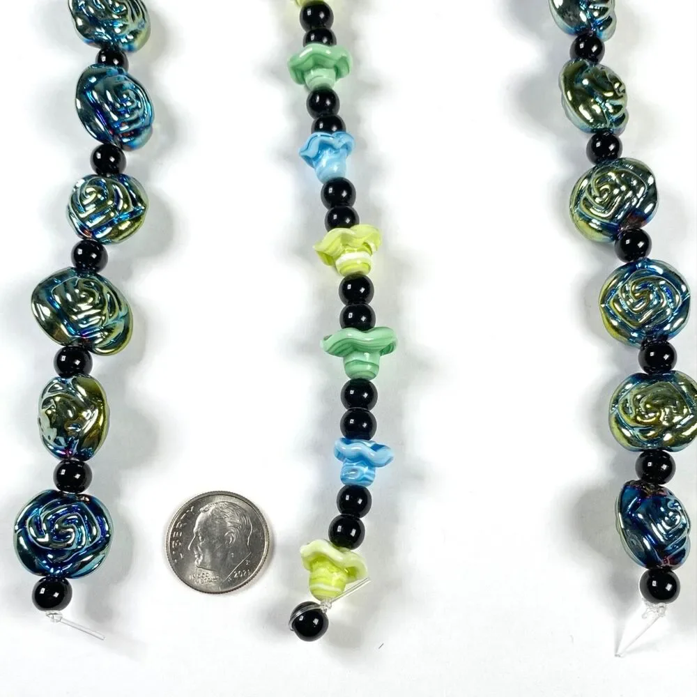 Bead Treasures Art Glass Beads Flower Jewelry Blue Green Iridescent Metallic Mix
